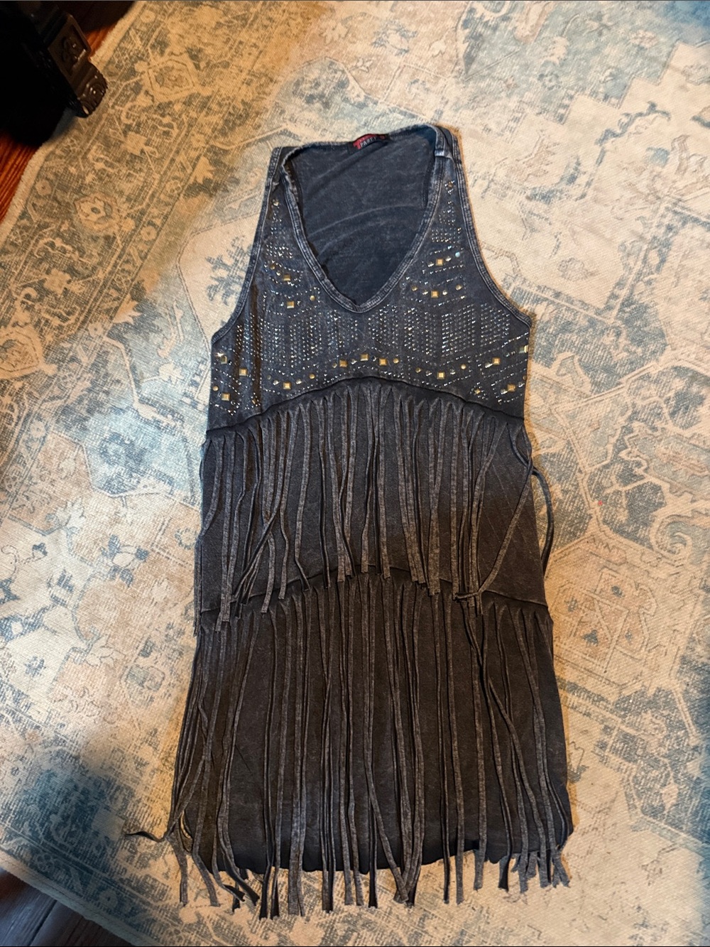 T Party Fashion Charcoal Gray Sleeveless Fringe V-Neck Dress